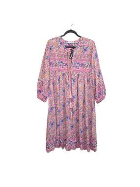 R.Vivimo L Floral Boho Dress Pink Long Sleeve Midi Tunic Dress NWT 0563